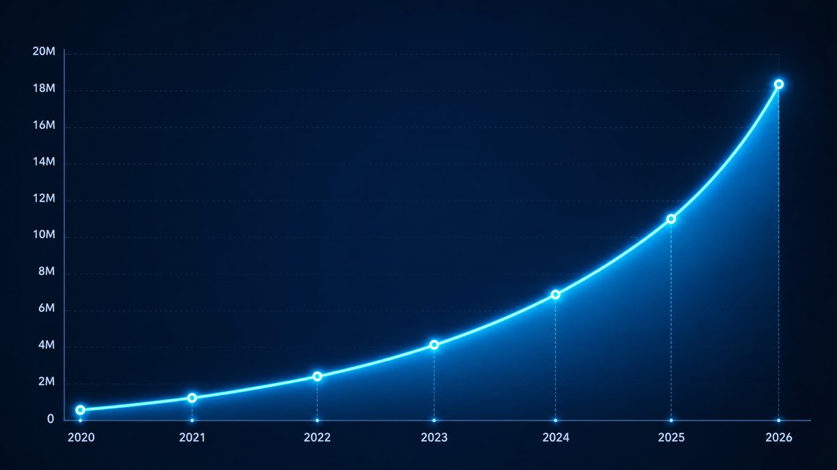91网页浏览器用户增长数据图表,展示2020-2026年注册用户从50万增长至1800万的趋势